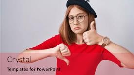  Presentation with conflict - PPT theme enhanced with young-redhead-woman-standing-wearing background and a red colored foreground