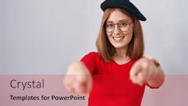  Presentation with fingers - PPT theme featuring young-redhead-woman-standing-wearing and a crimson colored foreground