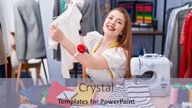  Presentation with clothing factory - Presentation enhanced with young-redhead-woman-tailor-smiling background and a light blue colored foreground