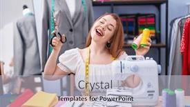  Presentation with clothing factory - Slide deck consisting of young-redhead-woman-tailor-smiling background and a lemonade colored foreground