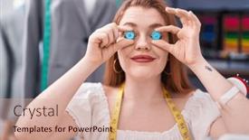  Presentation with clothing factory - Slide deck consisting of young-redhead-woman-tailor-smiling background and a coral colored foreground