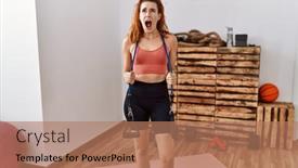  Presentation with training - Presentation theme having young-redhead-woman-training background and a coral colored foreground