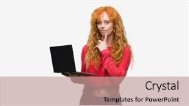  Presentation with computer - Beautiful theme featuring young redhead woman using computer backdrop and a  colored foreground