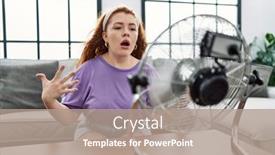  Presentation with ventilator - Theme having young-redhead-woman-using-electric background and a coral colored foreground