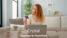  Presentation with credit card - Presentation theme having young-redhead-woman-using-laptop background and a coral colored foreground