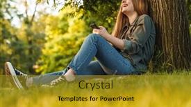  Presentation with green relaxation - Presentation design having young-redhead-woman-using-smartphone background and a gold colored foreground