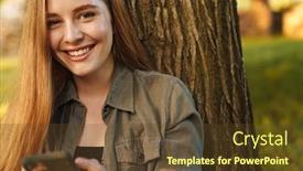  Presentation with green relaxation - Cool new presentation design with young-redhead-woman-using-smartphone backdrop and a tawny brown colored foreground