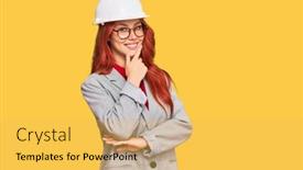  Presentation with architect - Presentation design enhanced with young-redhead-woman-wearing-architect background and a yellow colored foreground