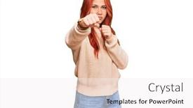  Presentation with violence woman - Slides having young-redhead-woman-wearing-casual background and a sky blue colored foreground