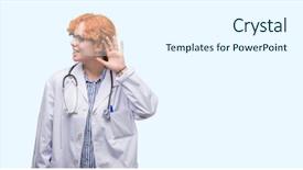  Presentation with listening woman - Amazing slide deck having young redhead woman wearing doctor backdrop and a  colored foreground