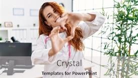  Presentation with heart hands - Slide set with young-redhead-woman-wearing-doctor background and a light gray colored foreground