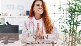  Presentation with praying hands - Presentation featuring young-redhead-woman-wearing-doctor background and a coral colored foreground