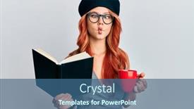  Presentation with coffee book - PPT theme with young-redhead-woman-wearing-french background and a ocean colored foreground