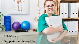  Presentation with binder - PPT theme enhanced with young-redhead-woman-wearing-phsiologist background and a light gray colored foreground