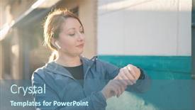  Presentation with listening woman - Presentation featuring young-redhead-woman-wearing-sportswear background and a ocean colored foreground