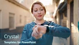  Presentation with listening woman - Theme consisting of young-redhead-woman-wearing-sportswear background and a ocean colored foreground