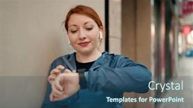  Presentation with listening woman - Presentation theme enhanced with young-redhead-woman-wearing-sportswear background and a ocean colored foreground