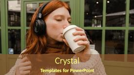  Presentation with coffee music - PPT theme consisting of young-redhead-woman-wearing-sweater background and a tawny brown colored foreground