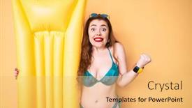  Presentation with matress - PPT theme enhanced with young-redhead-woman-wearing-swimsuit background and a yellow colored foreground