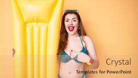  Presentation with matress - Cool new PPT theme with young-redhead-woman-wearing-swimsuit backdrop and a coral colored foreground