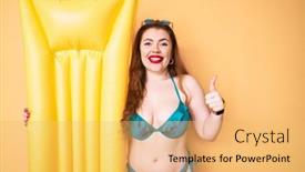  Presentation with matress - Cool new PPT theme with young-redhead-woman-wearing-swimsuit backdrop and a yellow colored foreground