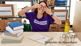  Presentation with volunteer - Presentation theme enhanced with young-redhead-woman-wearing-volunteer background and a lemonade colored foreground