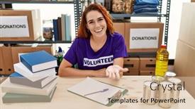  Presentation with hand palm - Presentation theme with young-redhead-woman-wearing-volunteer background and a lemonade colored foreground