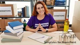 Presentation with volunteer - PPT theme having young-redhead-woman-wearing-volunteer background and a lemonade colored foreground