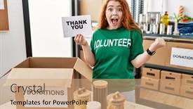  Presentation with volunteer - Presentation enhanced with young-redhead-woman-wearing-volunteer background and a  colored foreground