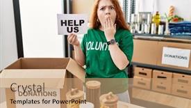  Presentation with volunteer - PPT theme consisting of young-redhead-woman-wearing-volunteer background and a coral colored foreground