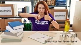  Presentation with volunteer - Slide set consisting of young-redhead-woman-wearing-volunteer background and a lemonade colored foreground