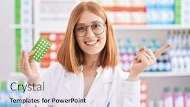  Presentation with pharmacy - PPT theme featuring young-redhead-woman-working background and a sky blue colored foreground