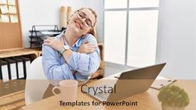  Presentation with computer love - Presentation theme with young-redhead-woman-working background and a  colored foreground