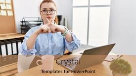  Presentation with office - Presentation design featuring young-redhead-woman-working background and a coral colored foreground