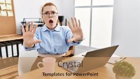  Presentation with office - Presentation design having young-redhead-woman-working background and a  colored foreground