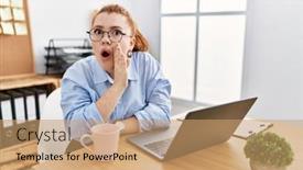  Presentation with office - Presentation theme consisting of young-redhead-woman-working background and a coral colored foreground