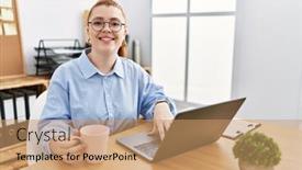  Presentation with office - Theme having young-redhead-woman-working background and a  colored foreground