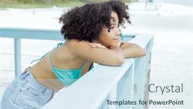  Presentation with lifeguard - PPT layouts enhanced with young relaxed black girl in swimsuit and short leaning on fence of lifeguard tower and looking away observing nature background and a sky blue colored foreground