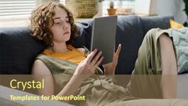  Presentation with data - Presentation theme featuring young-relaxed-caucasian-woman background and a violet colored foreground