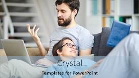  Presentation with possible - Colorful slides enhanced with young relaxed couple discussing possible plans for the following weekend while lying on sofa backdrop and a light blue colored foreground