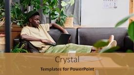  Presentation with black man - PPT layouts featuring young-relaxed-man-in-casualwear background and a gold colored foreground