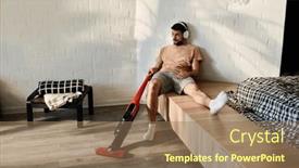  Presentation with music headphones - Slide set with young-relaxed-man-in-headphones and a coral colored foreground