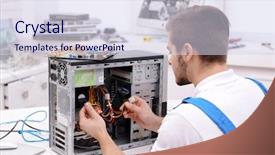  Presentation with hardware computer - Cool new PPT theme with young repairer disassembling a computer backdrop and a sky blue colored foreground