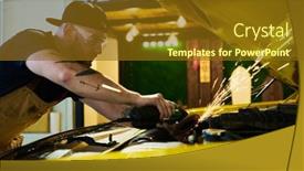  Presentation with motor electric - PPT theme enhanced with young-repairman-bending-over-engine background and a tawny brown colored foreground