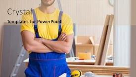  Presentation with carpenter - PPT theme consisting of young repairman carpenter working cutting wood on circular saw background and a lemonade colored foreground