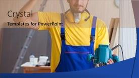  Presentation with power tools - Slide deck featuring young repairman carpenter working with power tools electric poli background and a coral colored foreground