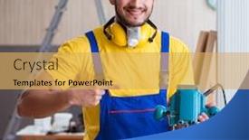  Presentation with power tools - Beautiful theme featuring young-repairman-carpenter-working backdrop and a yellow colored foreground