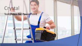  Presentation with climbing - Presentation theme having young repairman climbing ladder at construction site background and a lemonade colored foreground