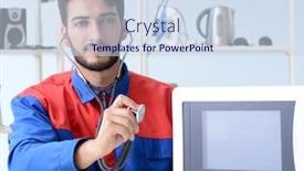  Presentation with broken relationship fixing a concept - PPT layouts having young repairman fixing and repairing microwave oven background and a sky blue colored foreground