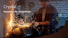  Presentation with fuel tank - PPT layouts consisting of young-repairman-grinding-motorbike-fuel background and a tawny brown colored foreground